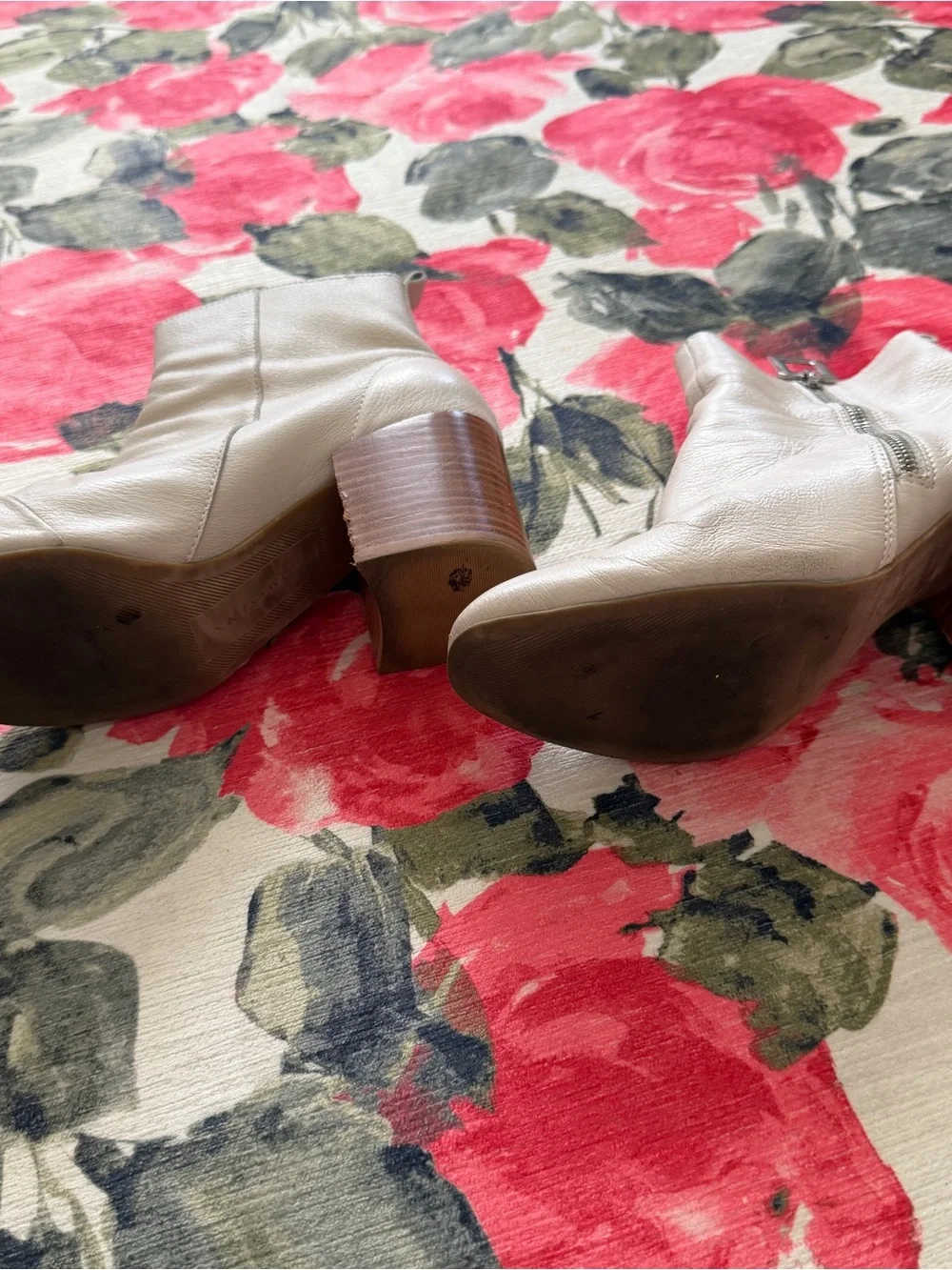 Women's Cream Leather Ankle Boots with Stacked Heel